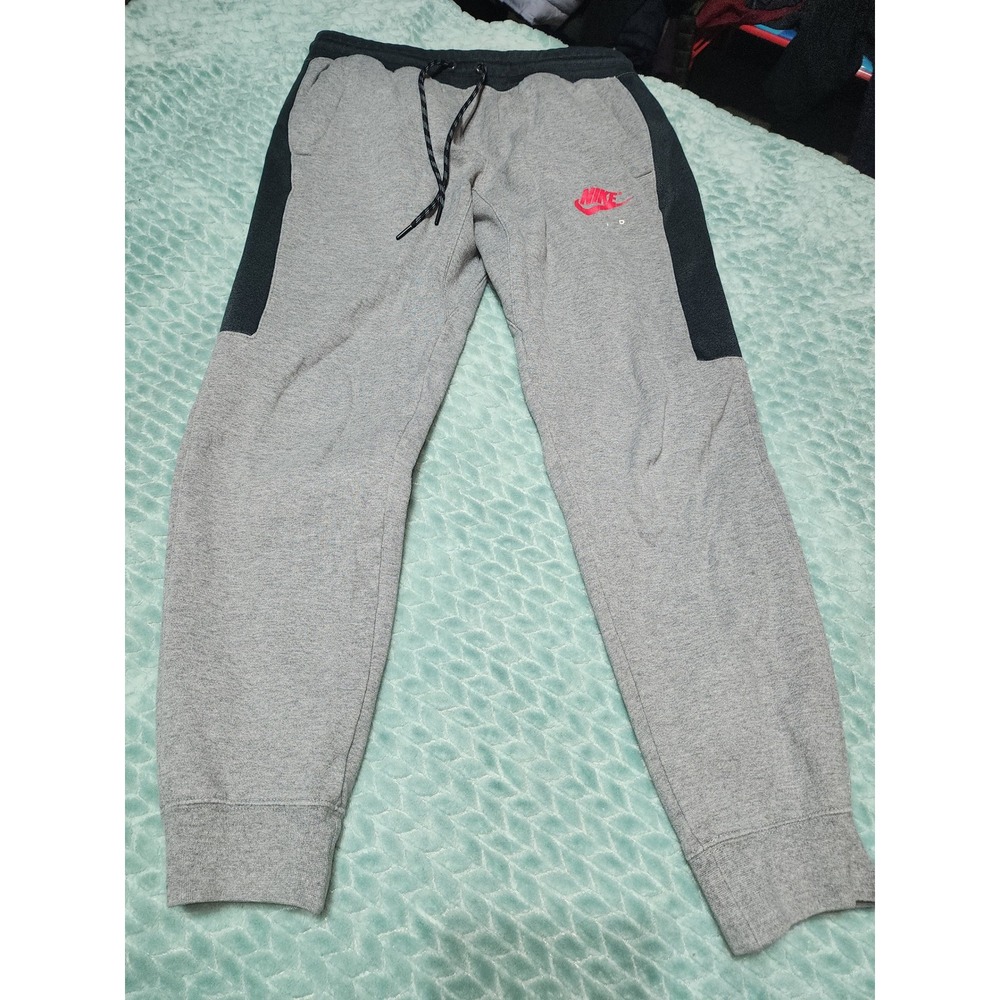 Nike Mens Sportswear Joggers Grey Charcoal Red Logo Fleece Sweatpants Size M